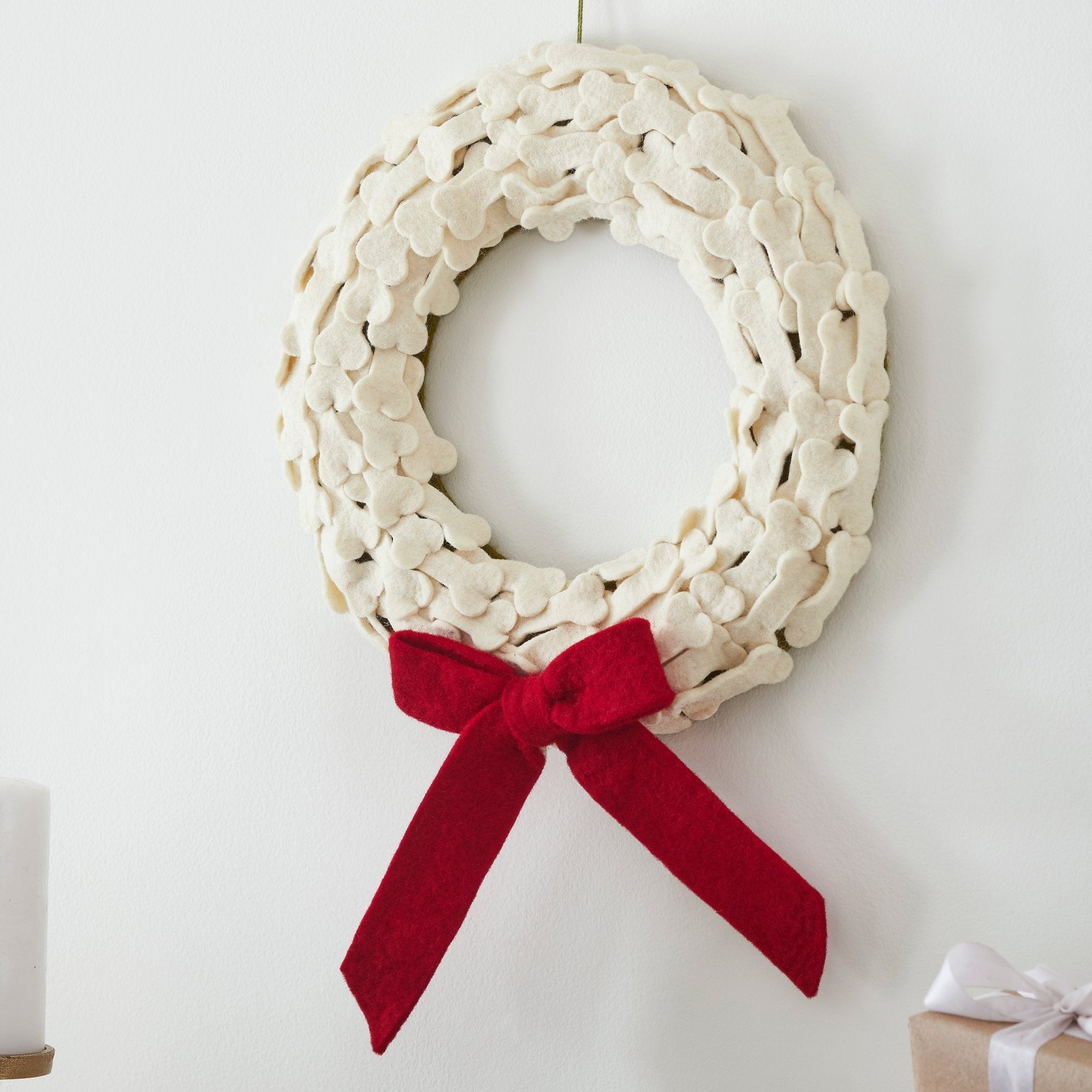 Dog Bones Red Bow Handmade Hand Felted Wool Wreath - 14" Arcadia Home - Che Cose Belle