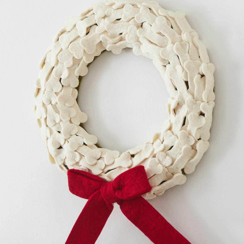 Dog Bones Red Bow Handmade Hand Felted Wool Wreath - 14" Arcadia Home - Che Cose Belle