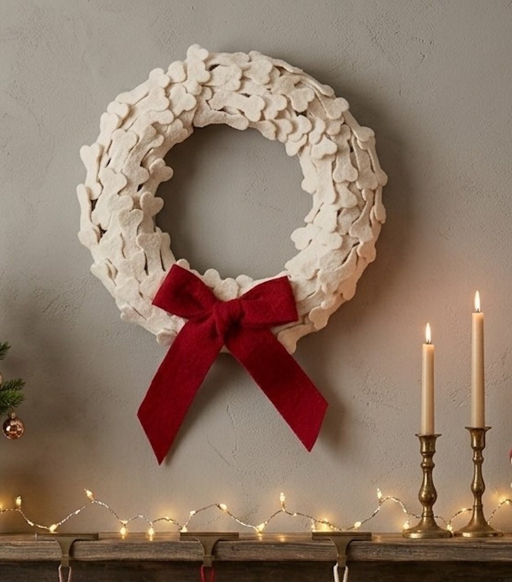 Dog Bones Red Bow Handmade Hand Felted Wool Wreath - 14" Arcadia Home - Che Cose Belle