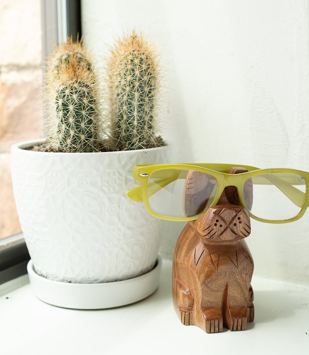 Dog Eyeglass Holder Stand - Hand Carved Wood - Che Cose Belle