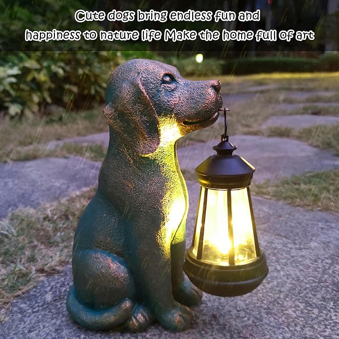 Dog Garden Statues with Solar Lantern Outdoor Decor - Dog Solar Figurines Lights Decorations for Patio Yard Lawn Ornaments - Gifts for Birthday Easter Housewarming - Che Cose Belle