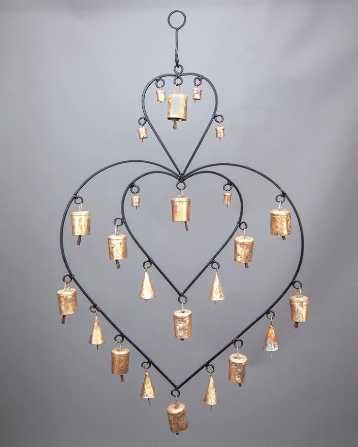Double Heart Chime hanging brass bells for wall decor - Che Cose Belle