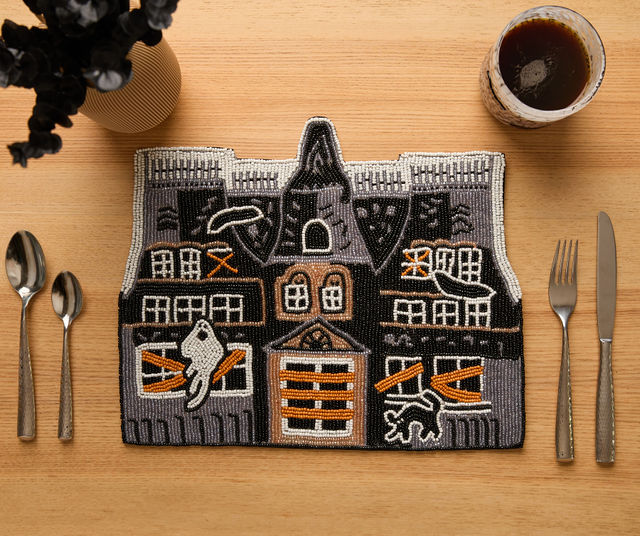 Haunted House Beaded Placemat – Handmade Halloween Table Mat – Spooky Ghost Cat Decor – Gothic Fall Dining Accent