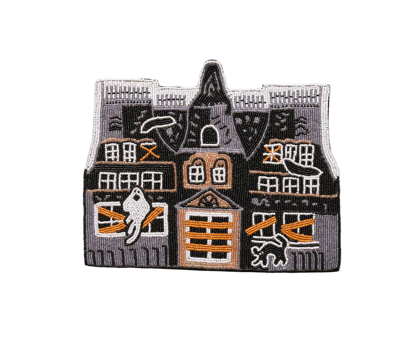 Haunted House Beaded Placemat – Handmade Halloween Table Mat – Spooky Ghost Cat Decor – Gothic Fall Dining Accent