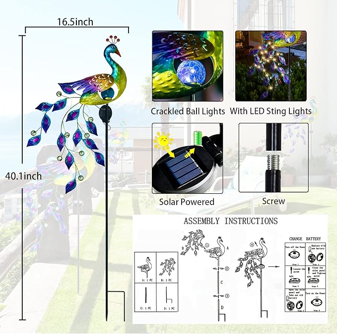 DREAMSOUL Solar Garden Lights Outdoor, Metal Peacock Decor Solar Lights Garden Stakes with Led String Lights, Waterproof Crackle Glass Ball Landscape Path Light for Lawn Patio - Che Cose Belle