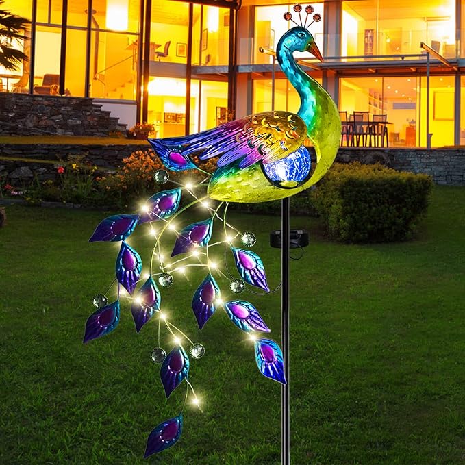 DREAMSOUL Solar Garden Lights Outdoor, Metal Peacock Decor Solar Lights Garden Stakes with Led String Lights, Waterproof Crackle Glass Ball Landscape Path Light for Lawn Patio - Che Cose Belle