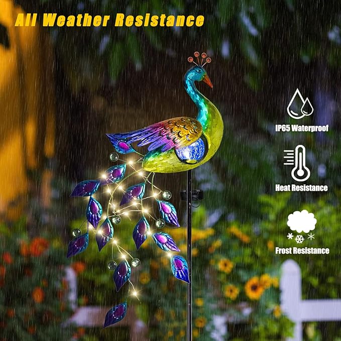 DREAMSOUL Solar Garden Lights Outdoor, Metal Peacock Decor Solar Lights Garden Stakes with Led String Lights, Waterproof Crackle Glass Ball Landscape Path Light for Lawn Patio - Che Cose Belle