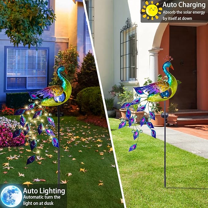 DREAMSOUL Solar Garden Lights Outdoor, Metal Peacock Decor Solar Lights Garden Stakes with Led String Lights, Waterproof Crackle Glass Ball Landscape Path Light for Lawn Patio - Che Cose Belle