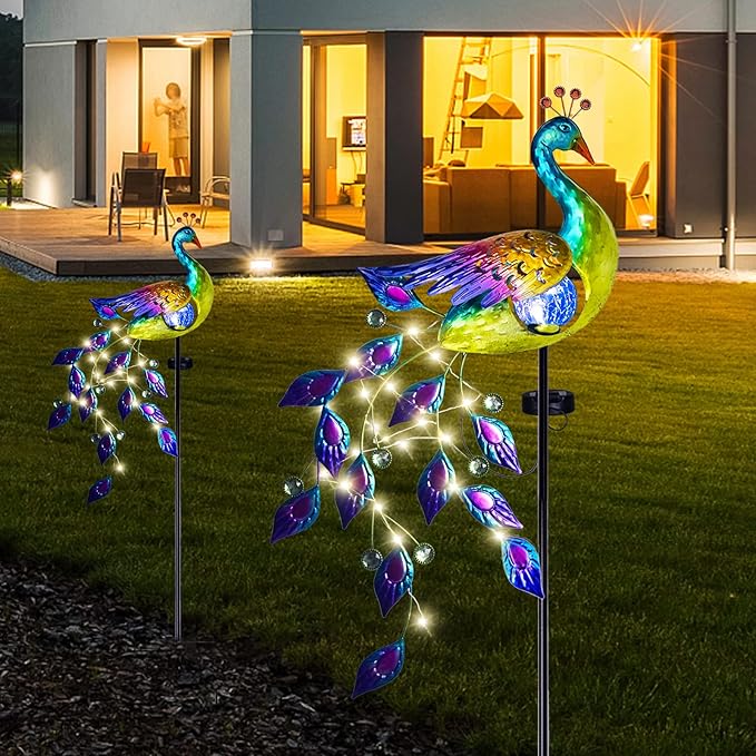 DREAMSOUL Solar Garden Lights Outdoor, Metal Peacock Decor Solar Lights Garden Stakes with Led String Lights, Waterproof Crackle Glass Ball Landscape Path Light for Lawn Patio - Che Cose Belle