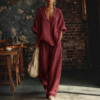 Women's V-Neck Loose Short-Sleeve Top & Pants Two-Piece Set