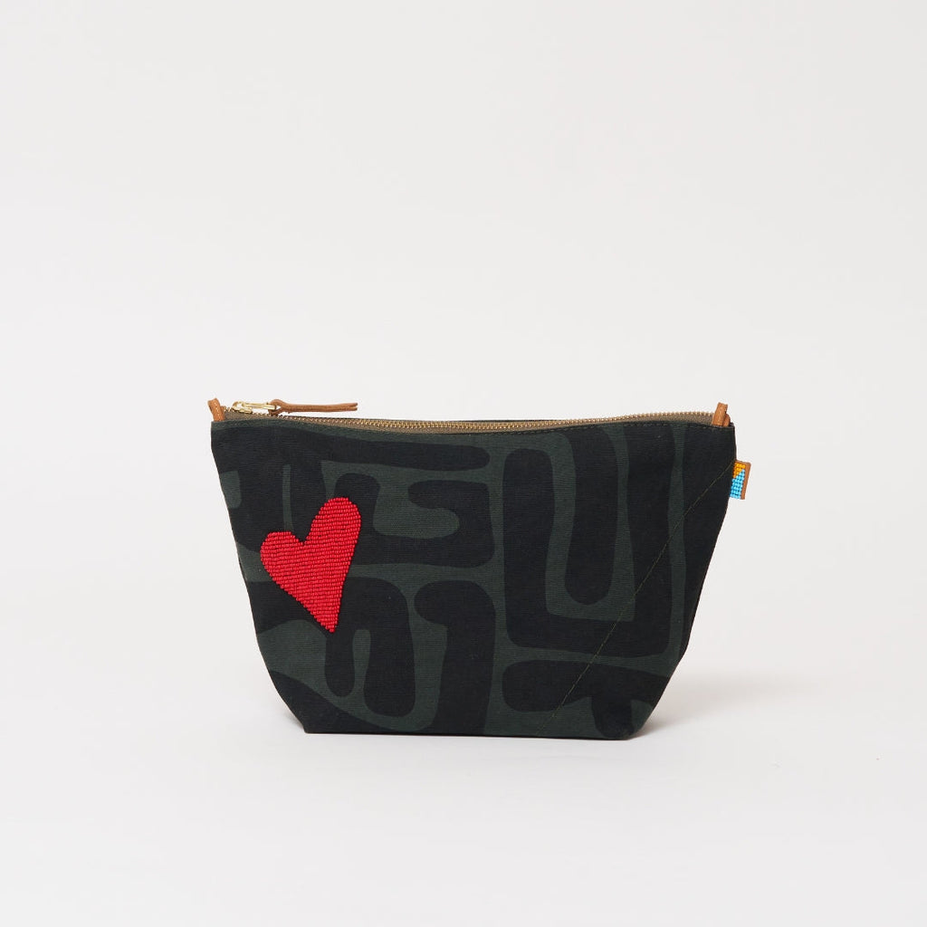 XLarge Convertible Pouch - Safari Kuba with Beaded Red Heart with Medium Leather Strap
