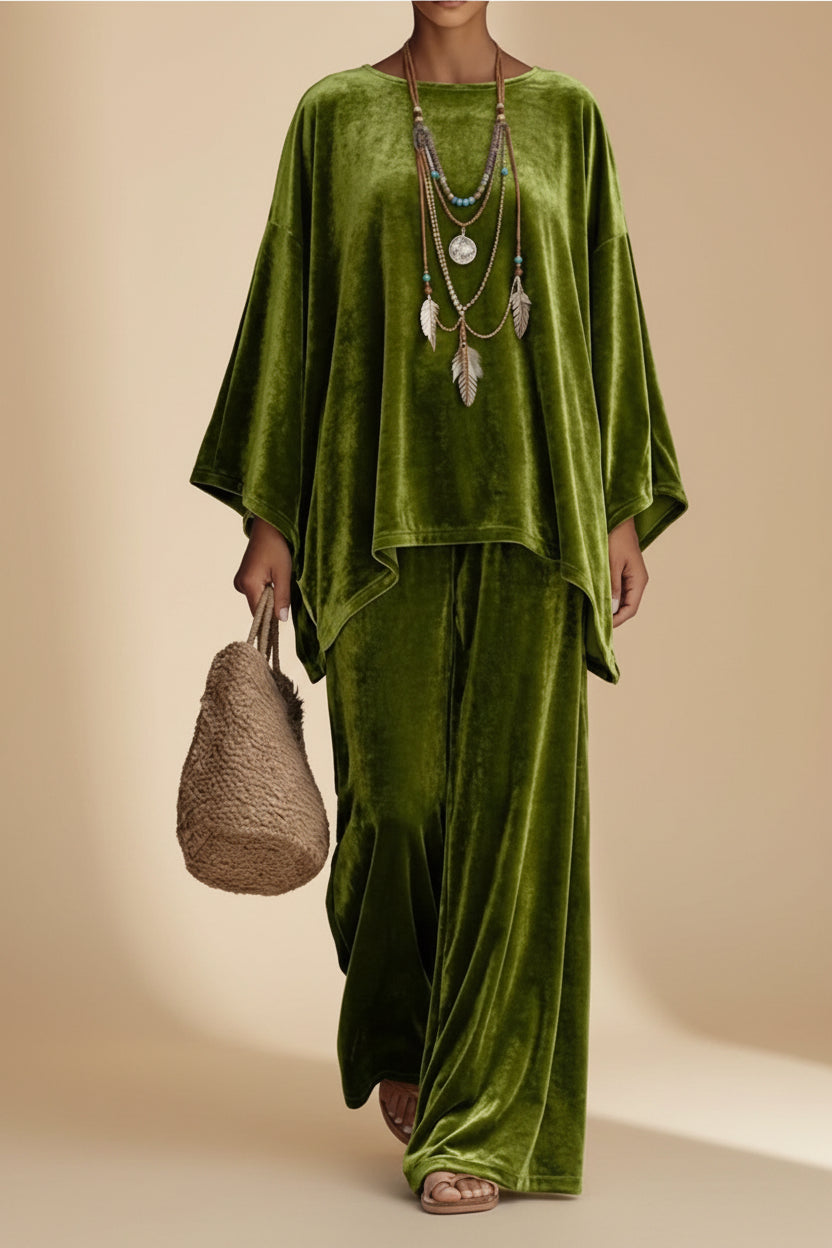Women's Velvet Batwing Cape-Sleeve Poncho Tunic & Wide-Leg Pants Set