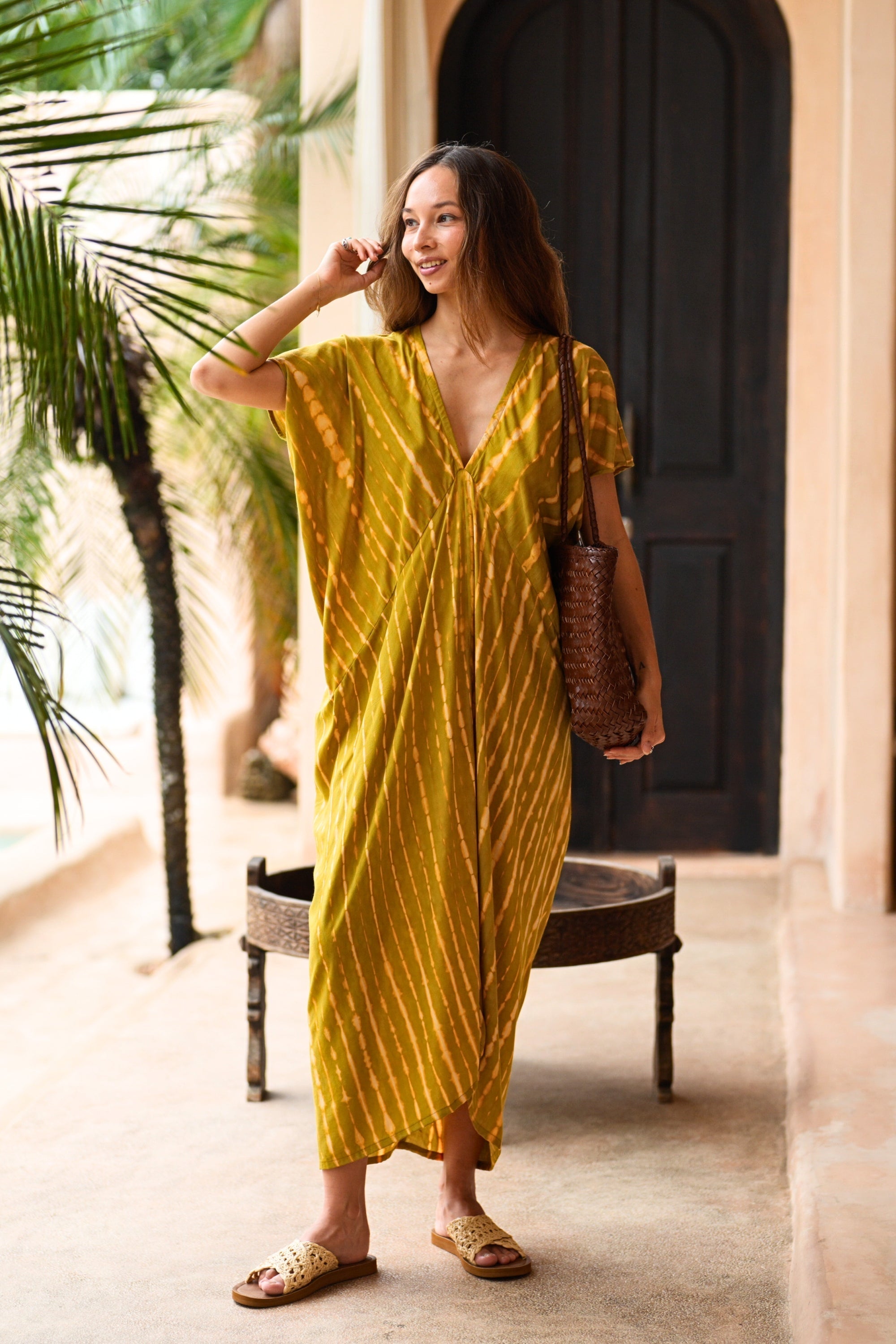Madella Hand Dyed Kaftan Dress in Lemongrass