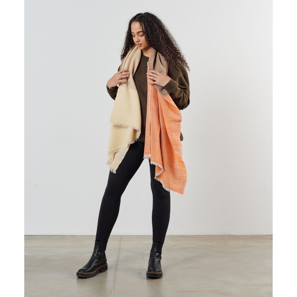 Chestnut Orange Cream Brown Color Block Handwoven Soft Merino Throw