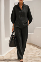 Women's Linen-Look Stand Collar Batwing Top & Wide-Leg Pants Set