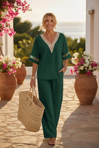 Women's Embroidered V-Neck Top & Wide-Leg Pants Set | Two-Piece Outfit