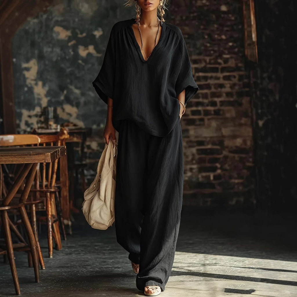 Women's V-Neck Loose Short-Sleeve Top & Pants Two-Piece Set