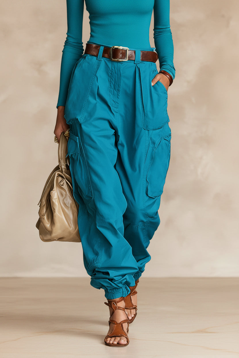 Women's High-Waist Cargo Parachute Pants with Elastic Ankle Cuffs