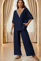 Women's Embroidered V-Neck Top & Wide-Leg Pants Set | Two-Piece Outfit