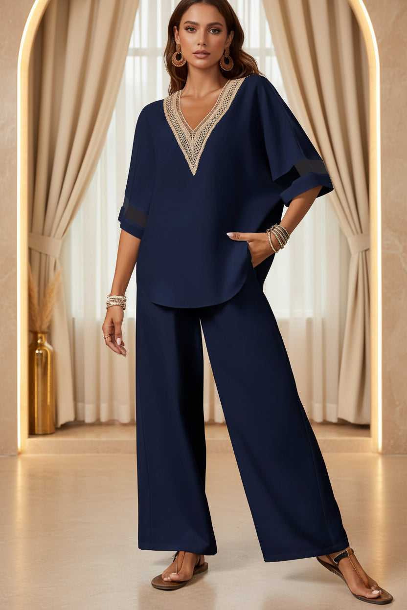 Women's Embroidered V-Neck Top & Wide-Leg Pants Set | Two-Piece Outfit