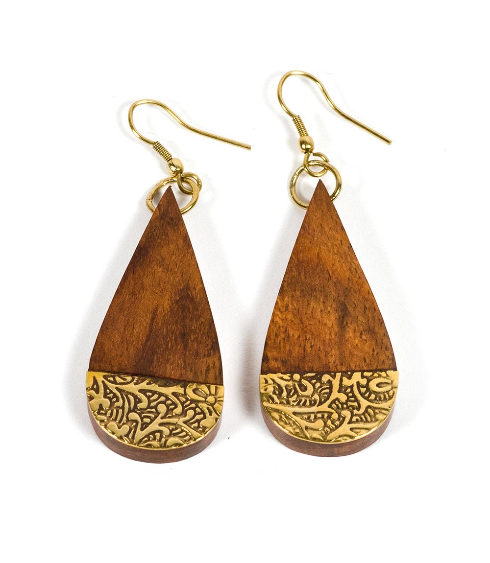 Earth and Fire Teardrop Earrings - Wood, Etched Brass - Che Cose Belle