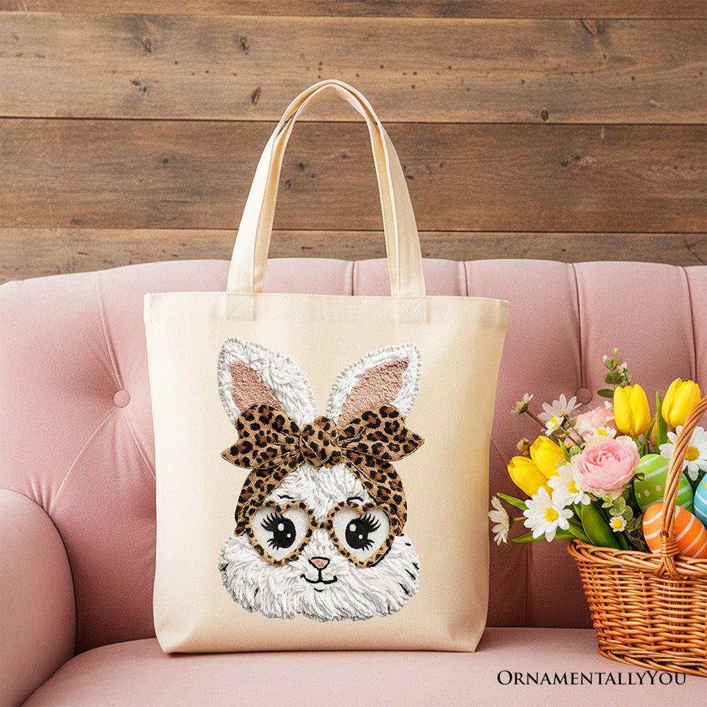 Easter Bunny Leopard Bow Tote Bag, Coquette Printed Faux Embroidery Girly Spring Gift Shopper - Che Cose Belle
