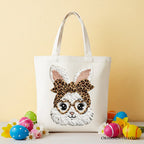 Easter Bunny Leopard Bow Tote Bag, Coquette Printed Faux Embroidery Girly Spring Gift Shopper - Che Cose Belle