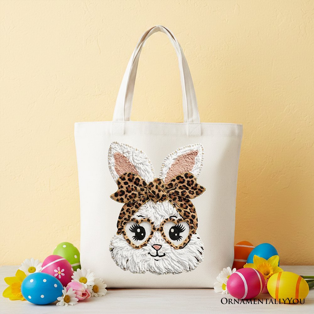 Easter Bunny Leopard Bow Tote Bag, Coquette Printed Faux Embroidery Girly Spring Gift Shopper - Che Cose Belle