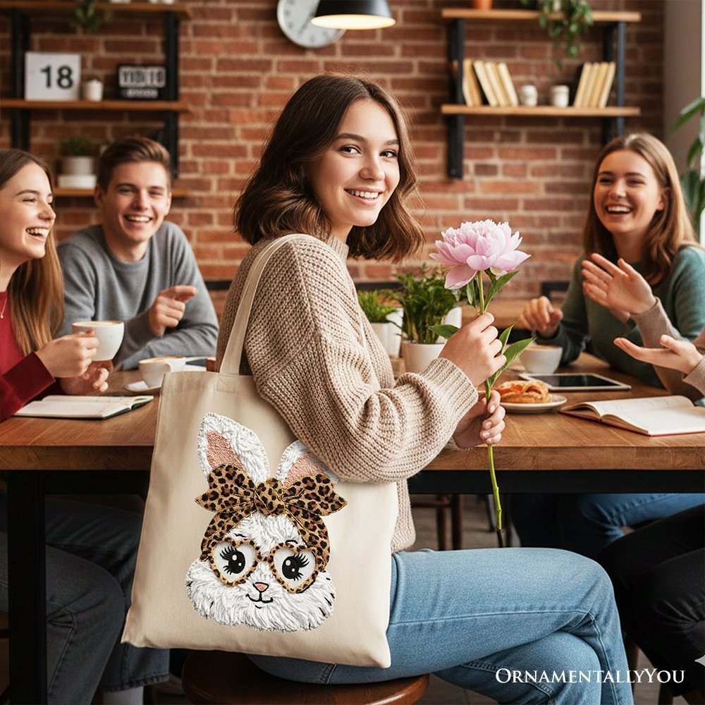 Easter Bunny Leopard Bow Tote Bag, Coquette Printed Faux Embroidery Girly Spring Gift Shopper - Che Cose Belle