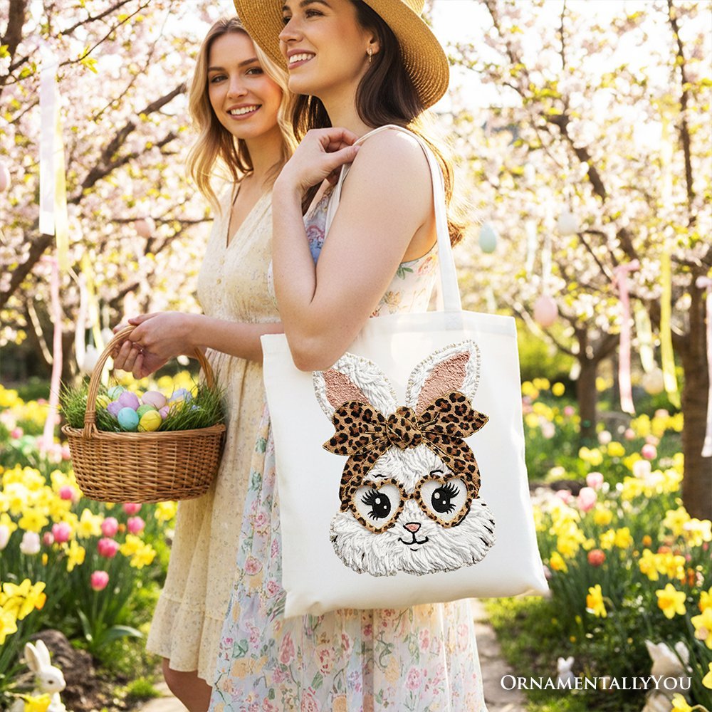 Easter Bunny Leopard Bow Tote Bag, Coquette Printed Faux Embroidery Girly Spring Gift Shopper - Che Cose Belle