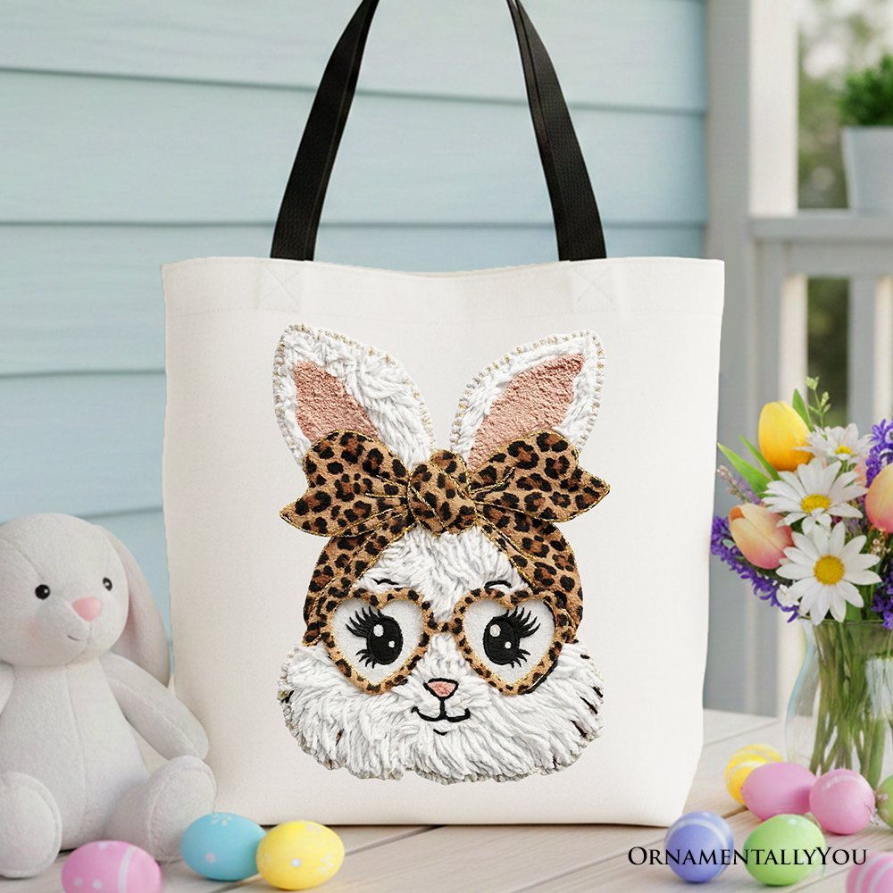 Easter Bunny Leopard Bow Tote Bag, Coquette Printed Faux Embroidery Girly Spring Gift Shopper - Che Cose Belle