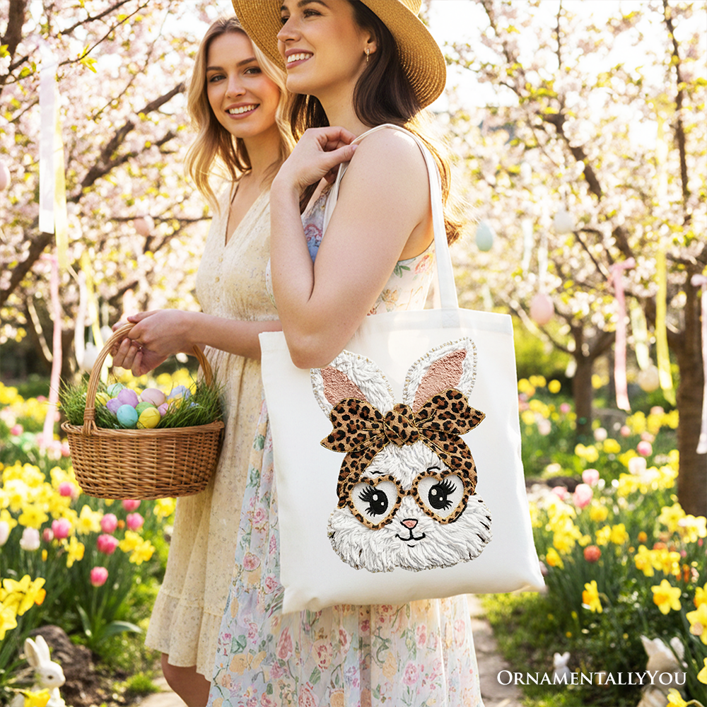 Easter Bunny Leopard Bow Tote Bag, Coquette Printed Faux Embroidery Girly Spring Gift Shopper - Che Cose Belle