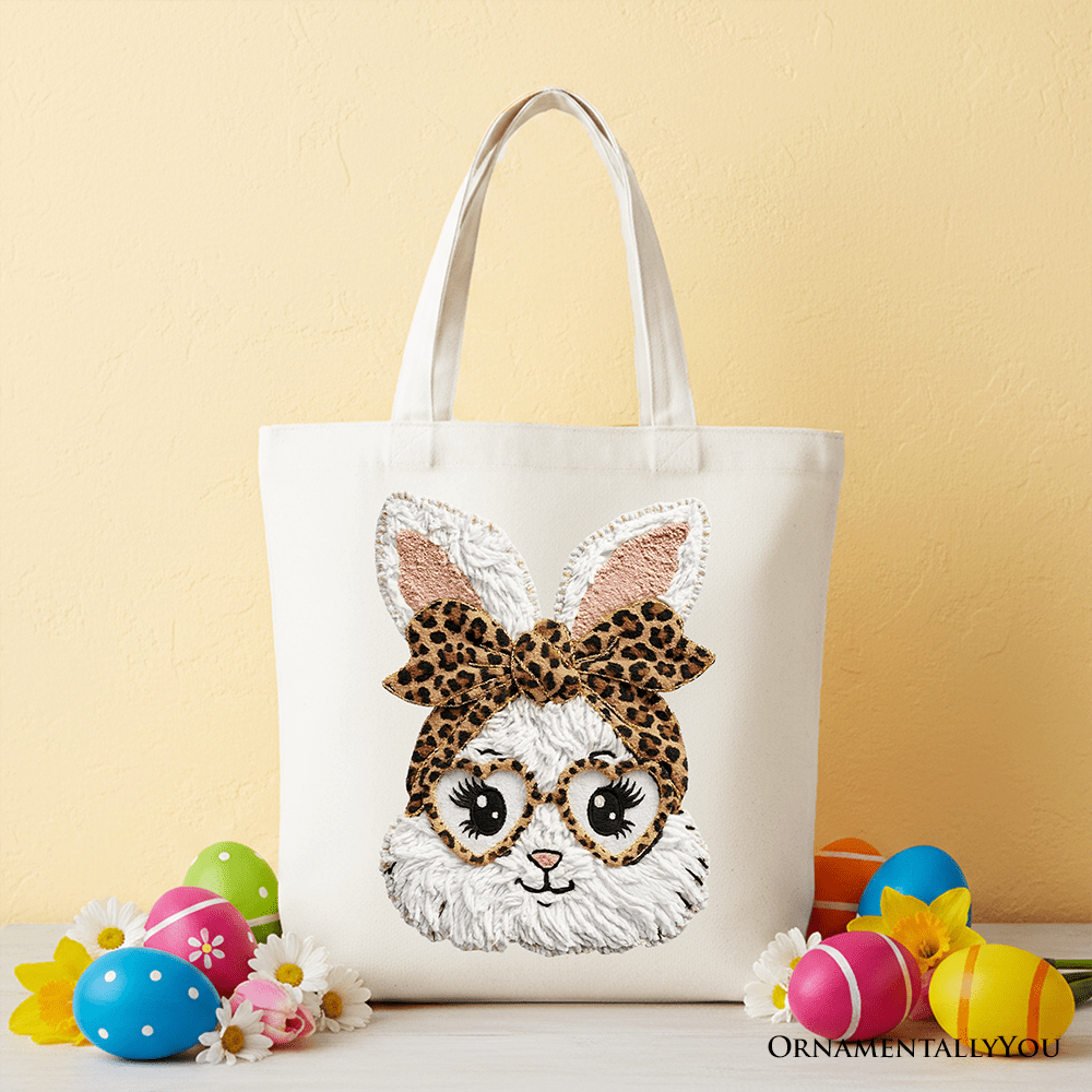 Easter Bunny Leopard Bow Tote Bag, Coquette Printed Faux Embroidery Girly Spring Gift Shopper - Che Cose Belle