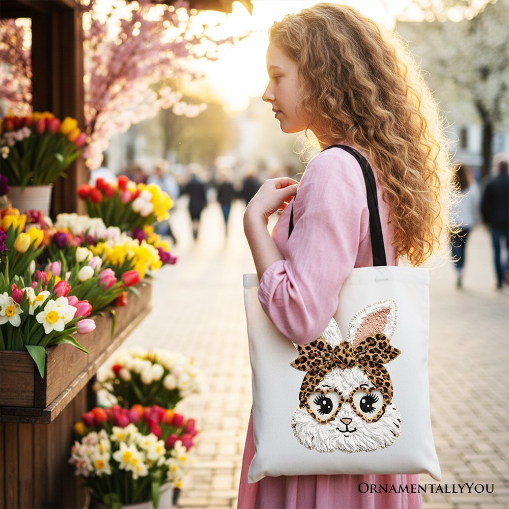 Easter Bunny Leopard Bow Tote Bag, Coquette Printed Faux Embroidery Girly Spring Gift Shopper - Che Cose Belle