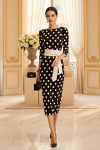 Women's Retro Polka-Dot Bodycon Midi Dress | Belted Waist Slim Fit