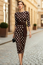 Women's Retro Polka-Dot Bodycon Midi Dress | Belted Waist Slim Fit