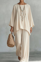 Women's Velvet Batwing Cape-Sleeve Poncho Tunic & Wide-Leg Pants Set