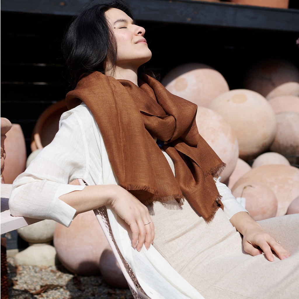 Coco Brown Hand Woven Linen Silk Blend Scarf