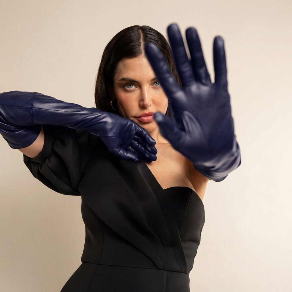 Elena (navy) - Italian silk lined 16-button length leather opera gloves - Che Cose Belle
