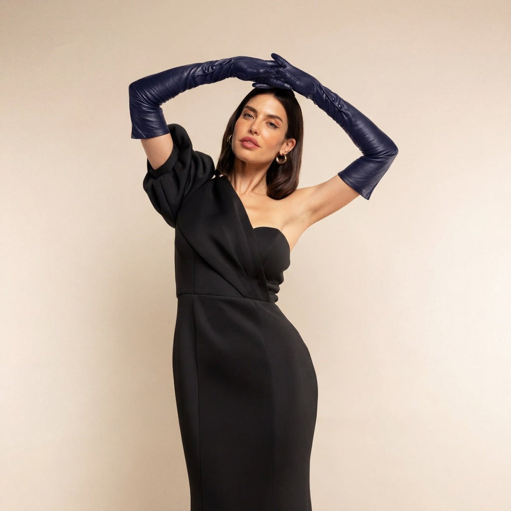 Elena (navy) - Italian silk lined 16-button length leather opera gloves - Che Cose Belle