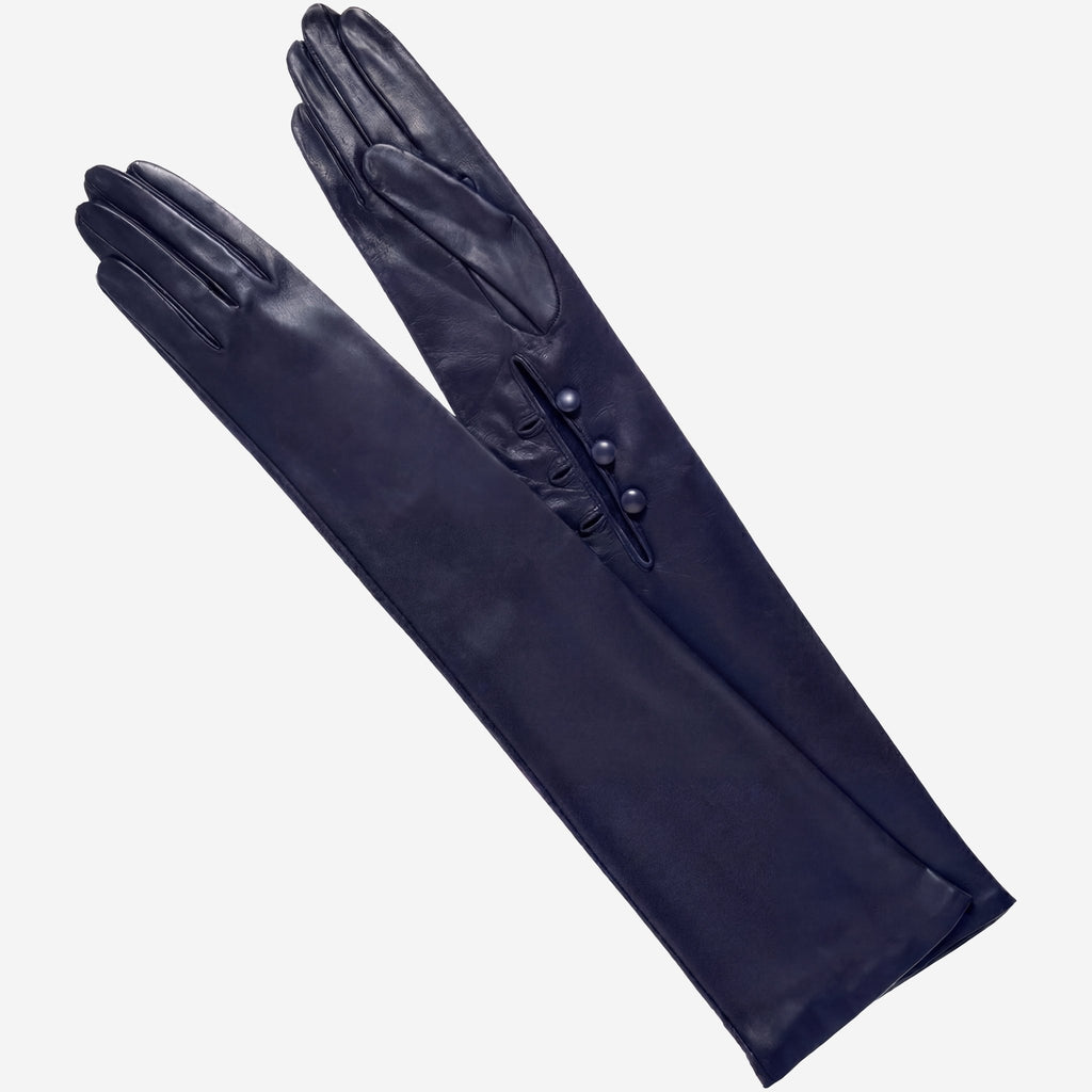 Elena (navy) - Italian silk lined 16-button length leather opera gloves - Che Cose Belle