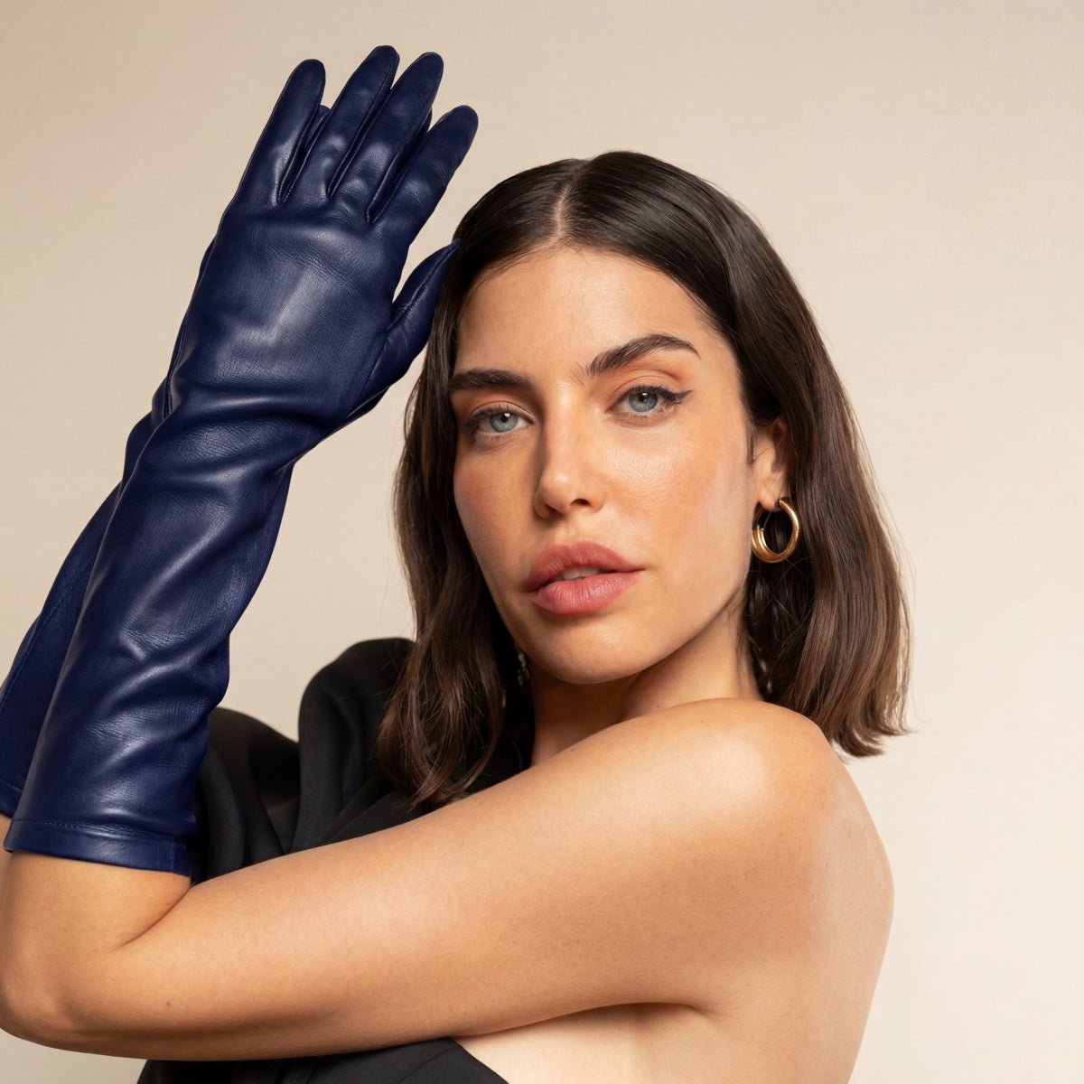 Elena (navy) - Italian silk lined 8-button length leather opera gloves - Che Cose Belle