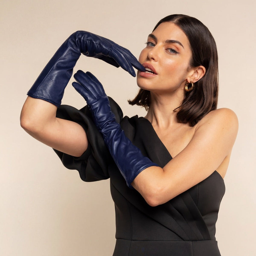 Elena (navy) - Italian silk lined 8-button length leather opera gloves - Che Cose Belle