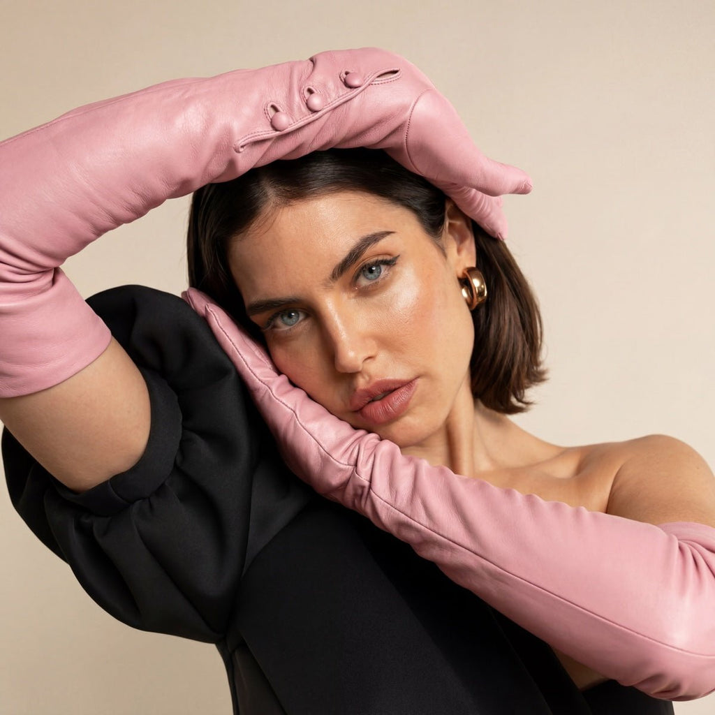 Elena (pink) - Italian silk lined 16-button length leather opera gloves - Che Cose Belle