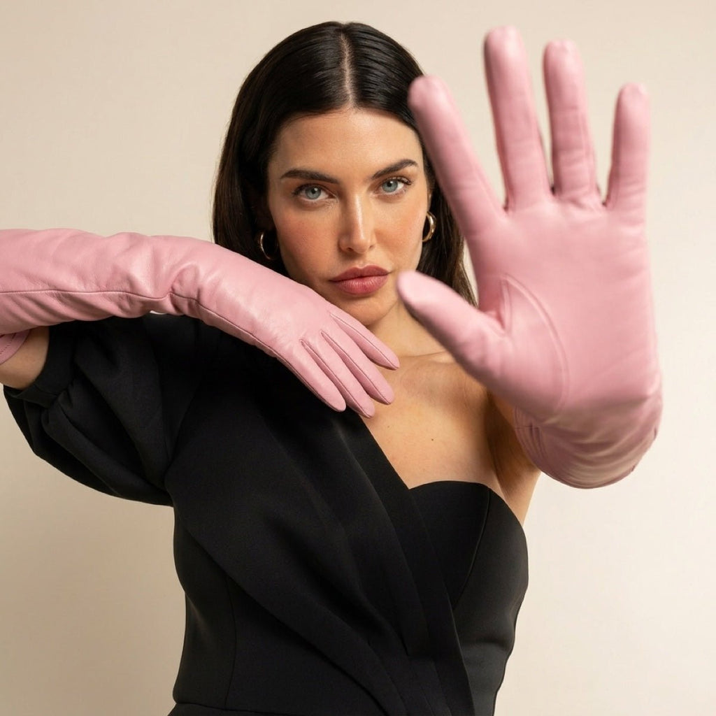 Elena (pink) - Italian silk lined 16-button length leather opera gloves - Che Cose Belle