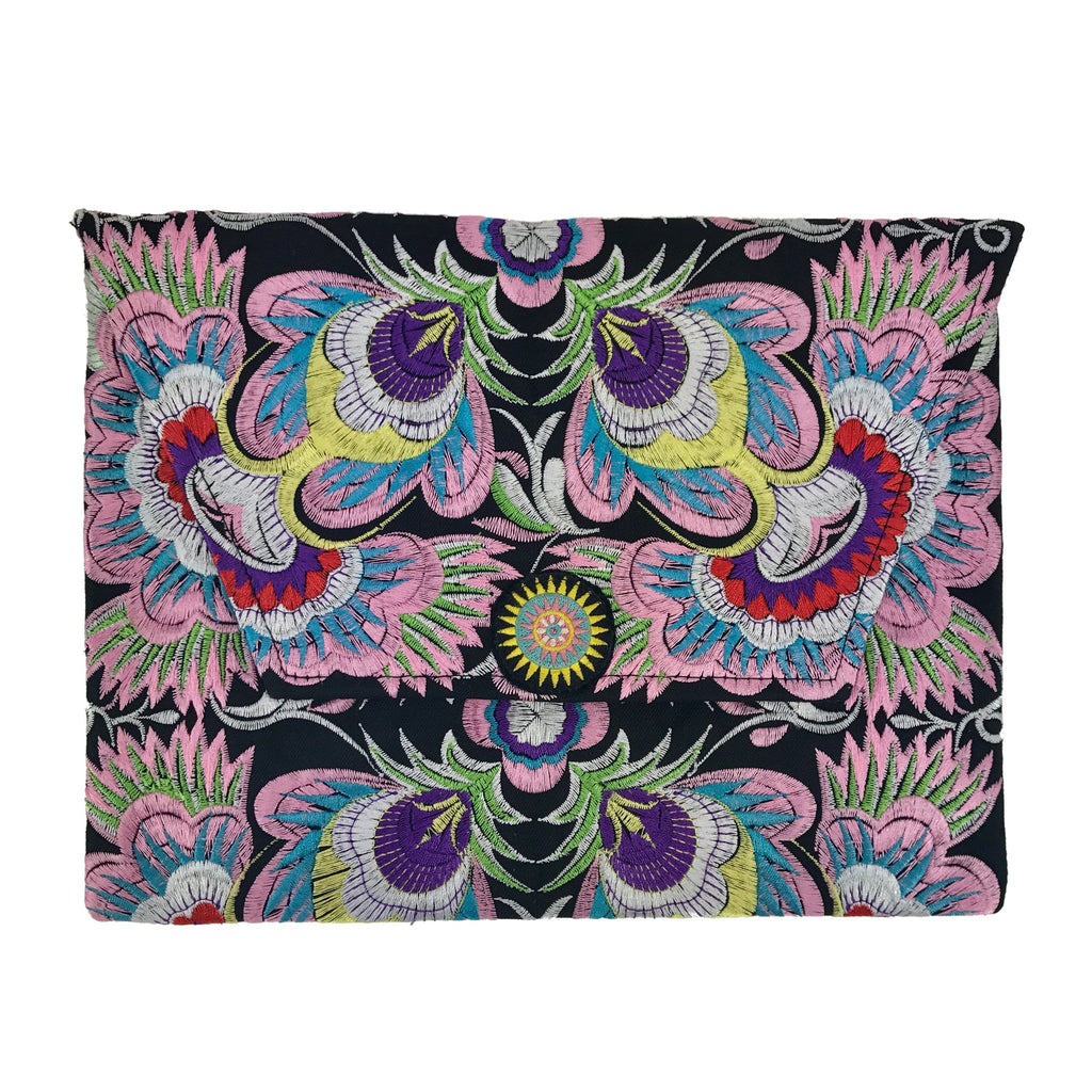 Embroidered Flower Clutch Handmade Hmong Thai Embroidery Boho Evening Bag
