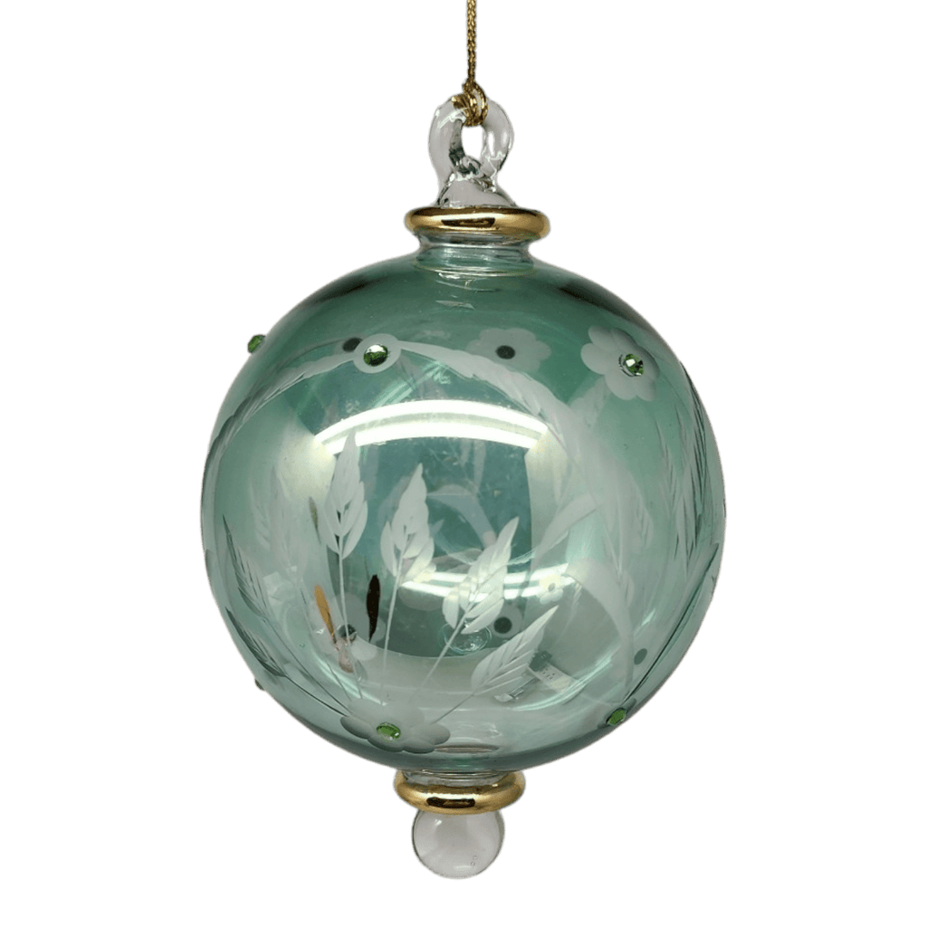 Etched Blown Glass Ball with Crystal Accents - Green - Che Cose Belle