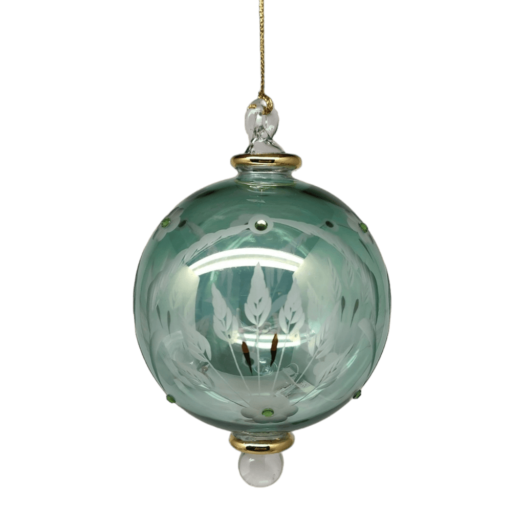 Etched Blown Glass Ball with Crystal Accents - Green - Che Cose Belle