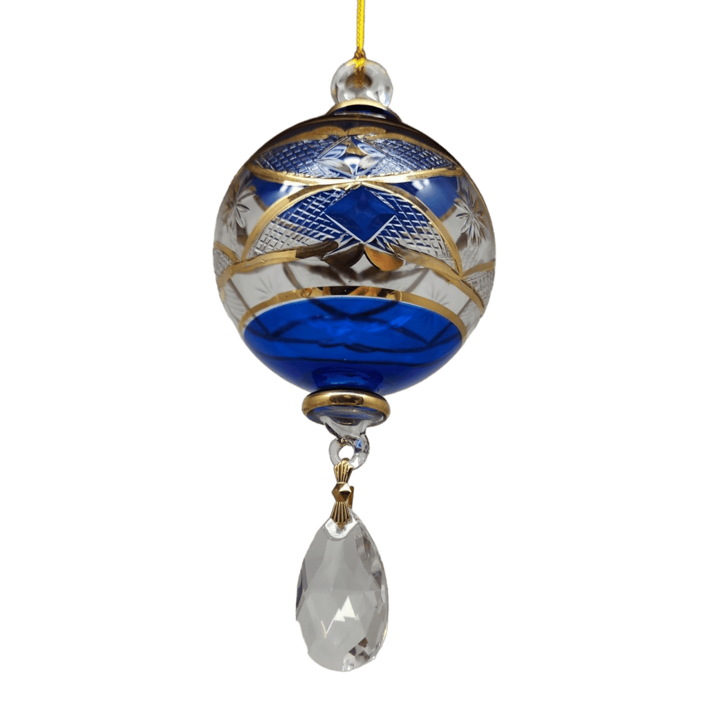 Etched Blown Glass Ball with Crystal Dangle - Blue - Che Cose Belle