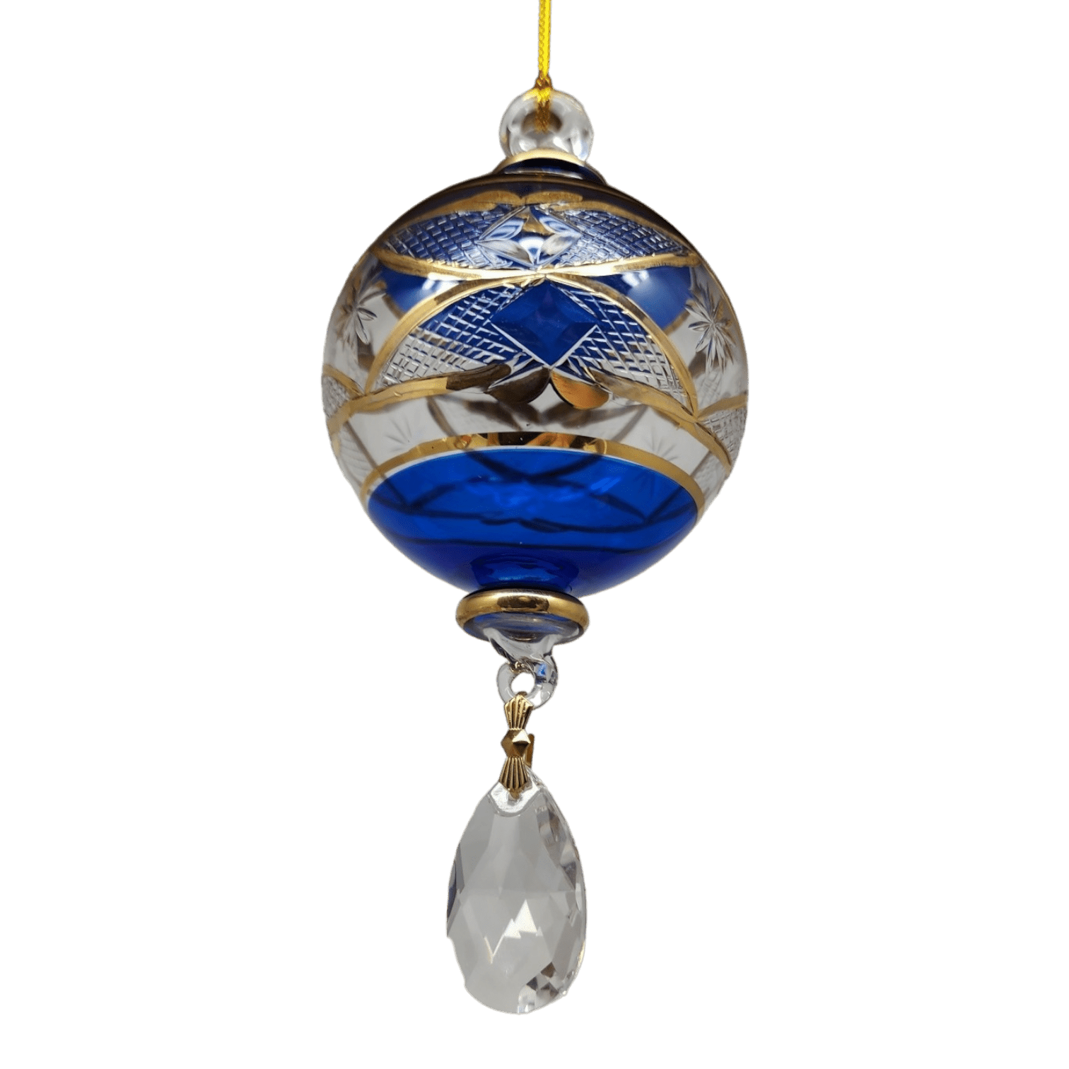 Etched Blown Glass Ball with Crystal Dangle - Blue - Che Cose Belle